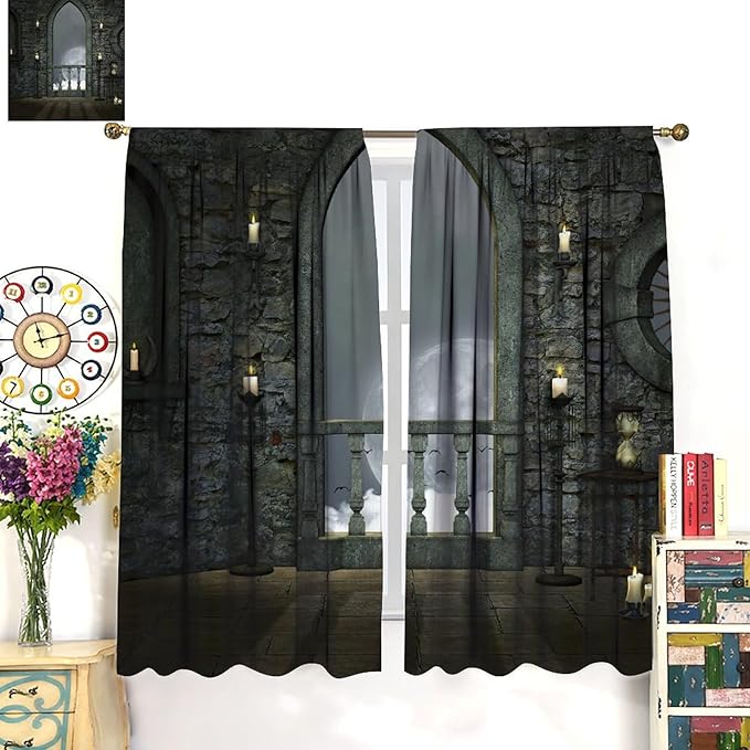 Gothic Mid Century Blackout Curtains, Vintage Moon Birds Old Castle Candle Night View Art Window Drapes, for Living Room Bedroom 31.5(W)*72(L) 2 Panels