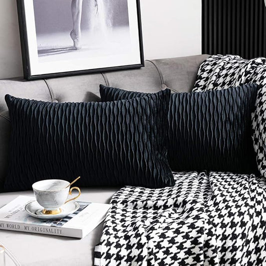 Black Striped Decorative Pillow Covers: 2 Pack 12x20 Inch Original Velvet Rectangular Throw Pillow Cases for Farmhouse Couch