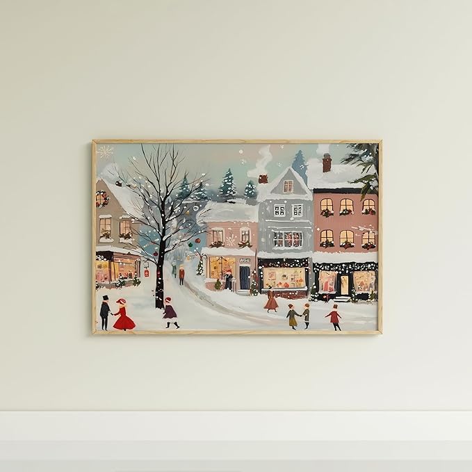 Vintage Christmas Village Art Print for Winter Home Decor, Snowy Holiday Town Scene Wall Art, Noel Design, Retro Seasonal Xmas Decoration, Cozy Winter Cottage Interior Artwork (Unframed) (20x30)