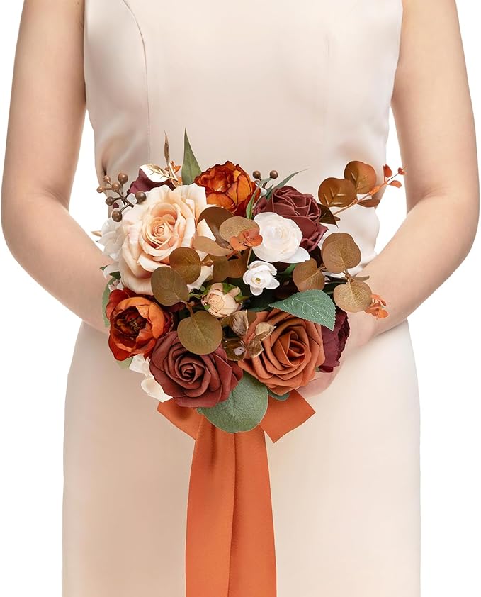 Ling's moment Terracotta Bridesmaid Bouquet Burnt Orange Wedding Bouquets for Bridesmaids 7 Inch Bridal Bouquets for Bridesmaids Rust Wedding Decor Ceremony Anniversary Homecoming