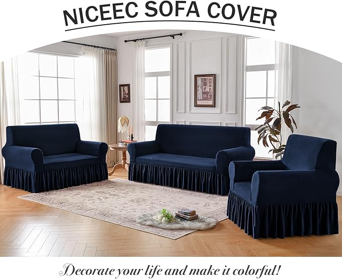 NICEEC Armchair Cover Thick Plush 1-Piece Warm Navy Blue Armchair Slipcover Stretch Fluffy Couch Covers for Living Room Easy Fit Washable Soft Furniture Sofa Protector with Skirt
