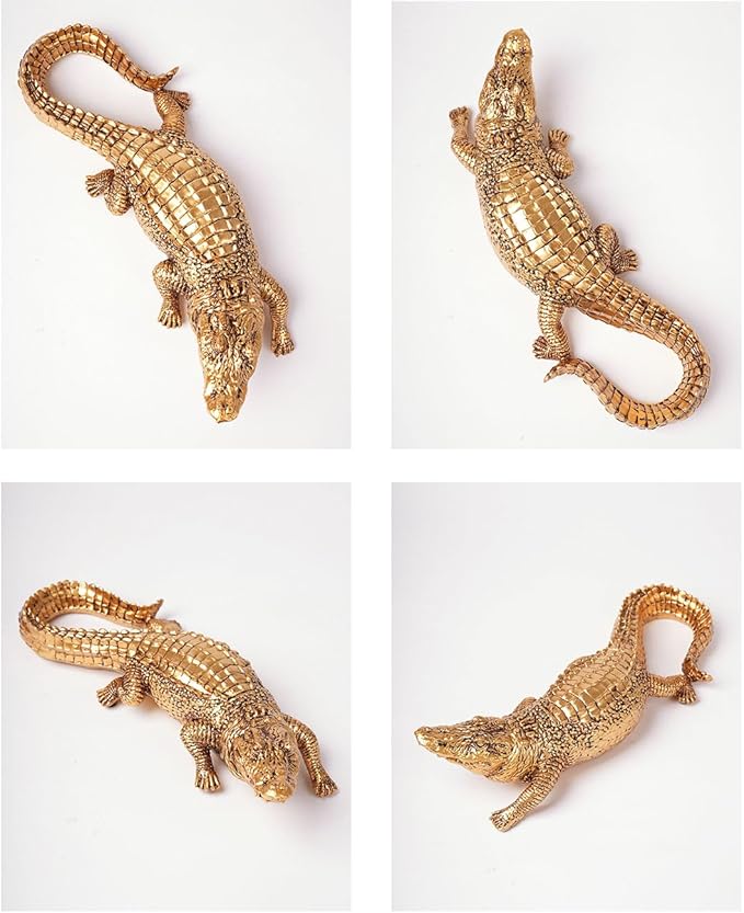 HAUCOZE Crocodile Sculpture Statue Animal Figurine Geometric Decor Polyresin Gold 14 inch