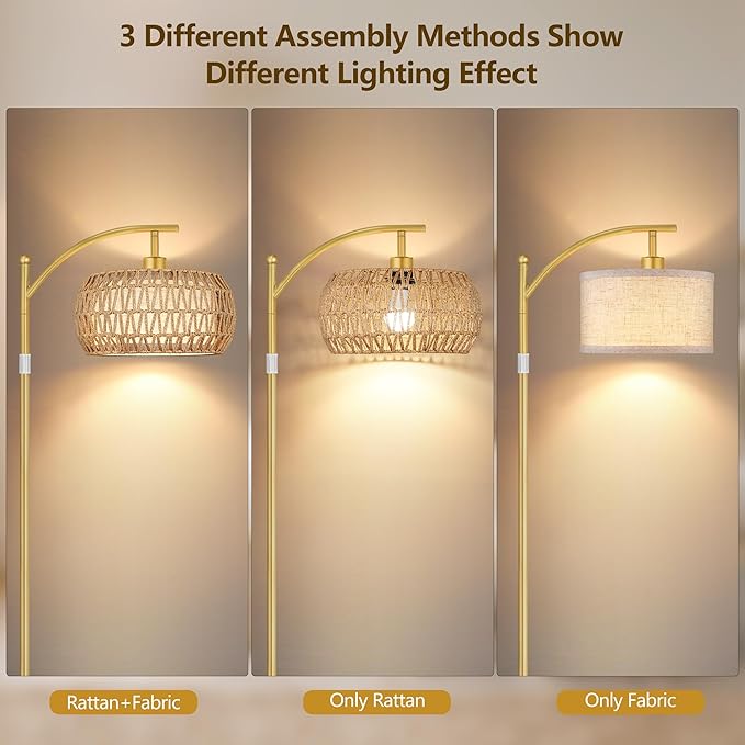 ROTTOGOON Rattan Floor Lamps for Living Room, Boho Standing Lamps with Rattan& Linen Double Shades, Arc Lamps Floor Standing with 9W Bulb, Foot Switch, Bohemian Floor Lamps for Bedroom, Office-Gold
