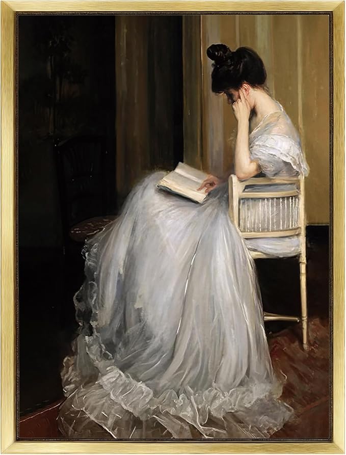 AIMAILON Vintage Gold Canvas Wall Art Framed Decor for Living Room School Elegant Reading Girl in White Dress Portrait Classical Aesthetic Artwork Home Decoration 12x16