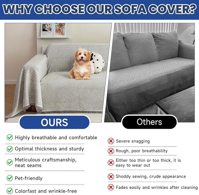 ROOMLIFE Gray Couch Cover Boho Sofa Covers for 3 Cushion Couch Washable, Furniture Protector Sofa Couch Cover for Dogs, Soft Breathable Sofa Slipcover, Couch Throw Blankets with Tassels 71''X118''