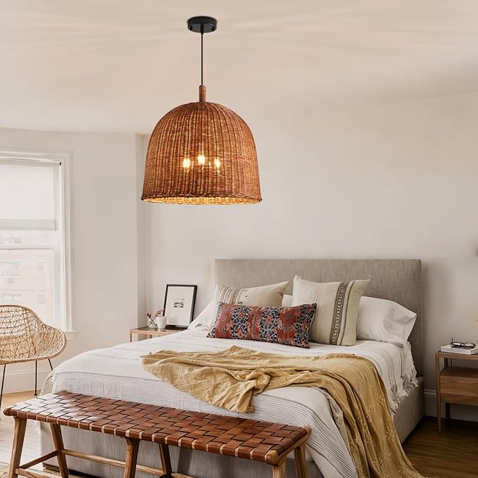16.9" Rattan Pendant Light Fixtures, 3-Lights Boho Chandelier Hand Woven Pendant Light Farmhouse Hanging Light for Living Room Kitchen Island Dining Room Hallway