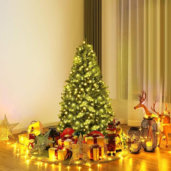 HAPPYGRILL 4FT Pre-Lit Christmas Tree with 300 PVC Branch Tips and Foldable Base, Premium Artificial Spruce Tree Hinged Xmas Tree for Holiday Decoration