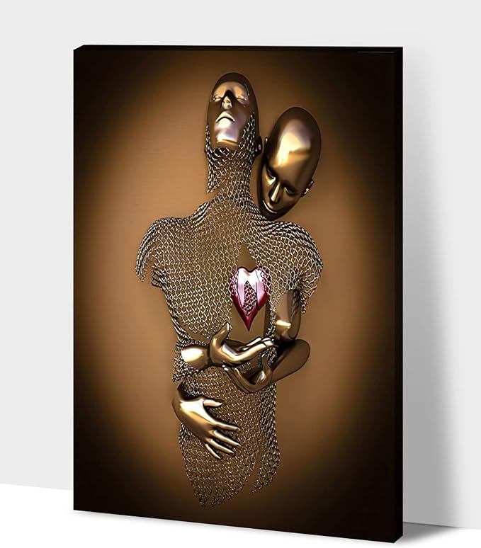 HIPOCAPO 3D Metal Effect Wall Art - Love Heart Canvas Art, Gold Decor for Living Room, Framed Romantic Couple Room 32”x48”x1Pcs 3d Art-22