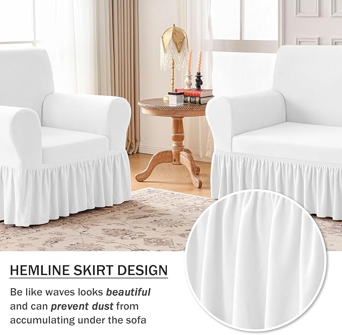 NICEEC Armchair Cover Thick Plush 1-Piece Warm White Armchair Slipcover Stretch Fluffy Couch Covers for Living Room Easy Fit Washable Soft Furniture Sofa Protector with Skirt
