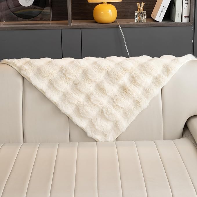 Faux Fur Couch Cover, Soft Warm Plush Sofa Couch Cover, Non Slip Sectional Sofa Slipcovers, Washable Furniture Protector for Kids, Dogs, L Shaped Armrest Backrest Cover(Beige White, 36"x 36")