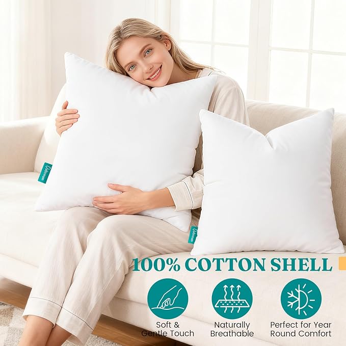 Oubonun 24x24 Feather Down Alternative Throw Pillow Inserts, 100% Cotton Cover, Medium Firm Decorative Pillow Inserts for Couch, Sofa, Bed, Chair (Set of 2)