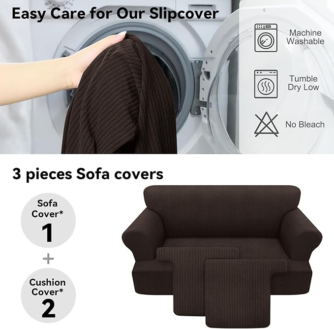 Waterproof Loveseat Cover 3-Piece Set Striped Slipcover for 2 Separate T Cushion Couch - TPU Fabric 2-Seater Sofa Covers Leakproof Couch Protector for Kids, Pets(Loveseat, Coffee)