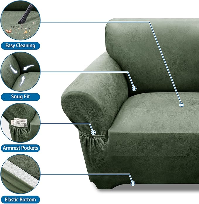 Couch Cover Leather Look 3 Seater Couch Sofa Cover 1-Piece Sofa Slipcover Stretch Furniture Protector with Elastic Bottom & Pockets(Sofa, Army Green)