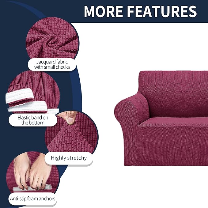 Cupuamon 2025 New Stretch Oversized Sofa Slipcovers Couch Sofa Cover for 4 Seater Furniture Protector Covers with Elastic Bottom Jacquard Fabric Small Checks for Pets, Kids - Wine