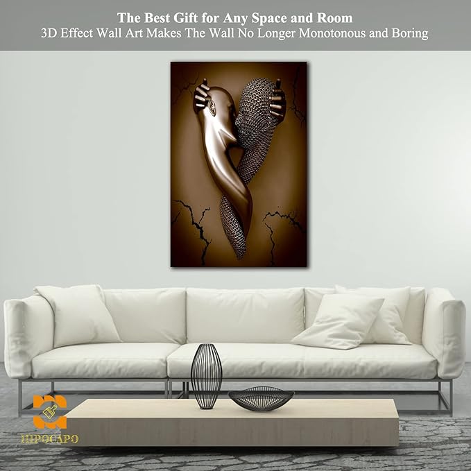 3D Metal Effect Wall Art - 3D Metal Art Wall, Modern Abstract Hug Lovers Painting Picture Poster Prints for Bathroom, Romantic Couple Living Room Canvas Wall Art Framed 28”x40”x1Pcs
