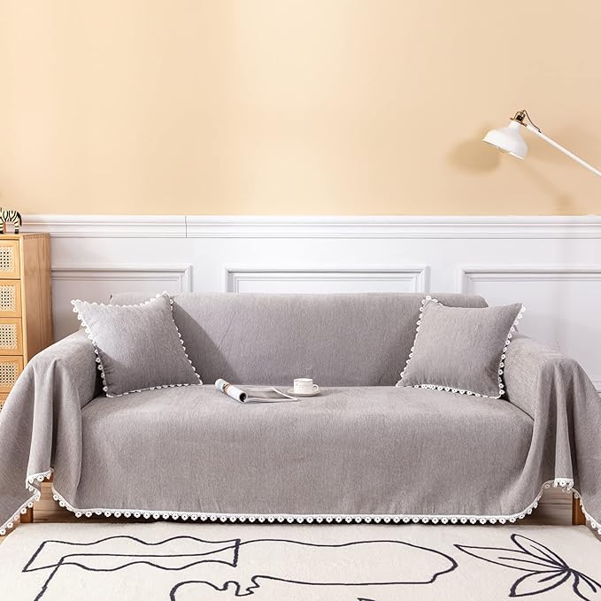 VClife Gray Couch Cover Washable Plush Chenille Sofa Loveseat Cover 71"X150" for 3 Cushion Couch Bed - Modern Decorative Furniture Protector