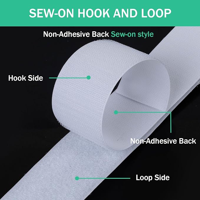 2 Inch Sew on Hook and Loop Strips | Easy to Sew | Excellent Grip | Non-Adhesive Back Nylon Fabric Fastener Strips for Clothing Sewing Crafts and DIY Projects, White, 2in x 3yd