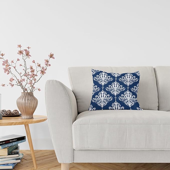 LOVOUS Navy Blue and White Damask Throw Pillow Covers 18x18 Inch Set of 2, Vintage Linen Decorative Pillow Covers for Bed Couch Sofa Bedroom Living Room Home Decor, B37