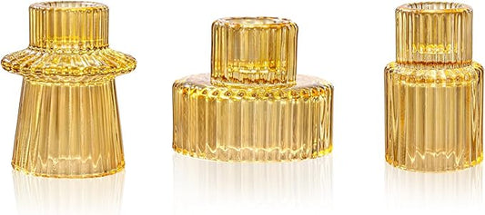 WELLIFE 3 Pcs Amber Glass Candle Holder, Taper Candle Holder, Amber Glass Candlestick Holder for Party, Wedding Decorations, Table Centerpieces and Thanksgiving