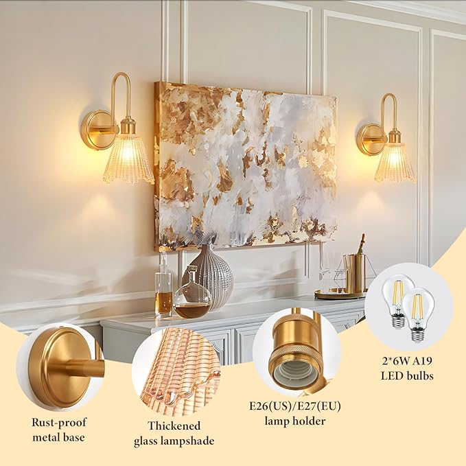 Wall Sconce Set of 2, Gold Vintage Light Fixtures with Long Amber Glass Lampshade, Hardwired Sconces Wall Lighting for Bedroom, Bathroom, Living Room | Includes 2 LED Bulbs