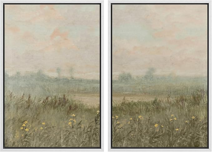 SIGNWIN Framed Wall Art Print Set Serene Meadow at Dawn Soft Impressionist Landscape Illustrations Minimal Decorative Nordic Zen Bohemian for Living Room, Bedroom, Office - 24"x36"x2 White