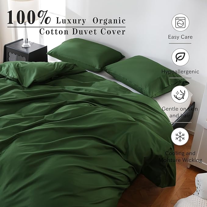 100% Organic Cotton Duvet Cover Queen Size 400 Thread Count Sateen Comforter Cover Soft and Breathable Cooling Bedding Set 3 Piece（Forest Green,Queen）