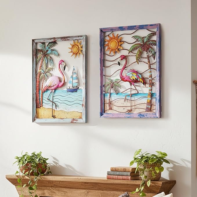 Newinhome Metal Wall Art Flamingo Tropical Boho Wall Decor 2 Pack Flamingo Hanging Artwork Theme for Living Room Bathroom Patio Yard Housewarming Gift