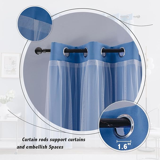 Anytime Home Curtains Blackout and Sheer Layered Solid Window Curtain Panel Pair with Grommet Top, 52Wx95L, Blue
