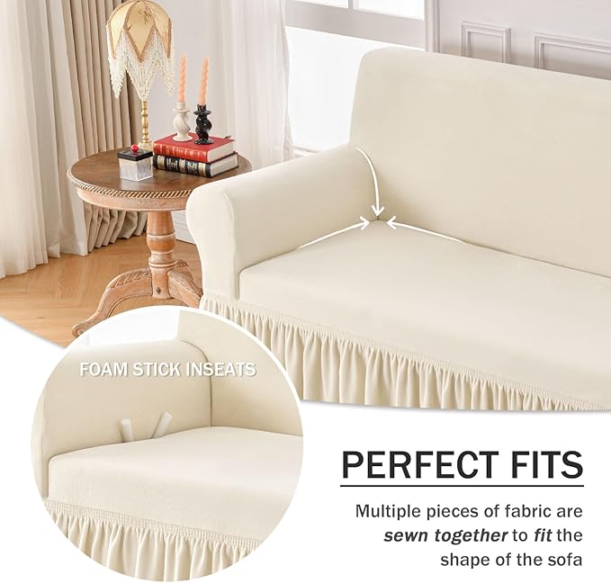 NICEEC Loveseat Cover Thick Plush 1-Piece Warm Beige-Yellow Slipcover for Loveseats Stretch Fluffy Couch Covers for Living Room Easy Fit Washable Soft Furniture Sofa Protector with Skirt