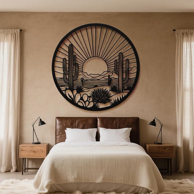 Desert Cactus Metal Wall Art, Round Desert Wall Decor with Cactus and Sunset Design, Metal Wall Art for Living Room Bedroom Entryway, Western Outdoor Cactus Decor (Black, 35" x 35" / 90 x 90 cm)
