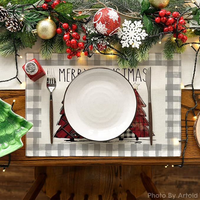 Artoid Mode Watercolor Grey Buffalo Plaid Christmas Trees Placemats Set of 4, 12x18 Inch Winter Table Mats for Party Kitchen Dining Decoration