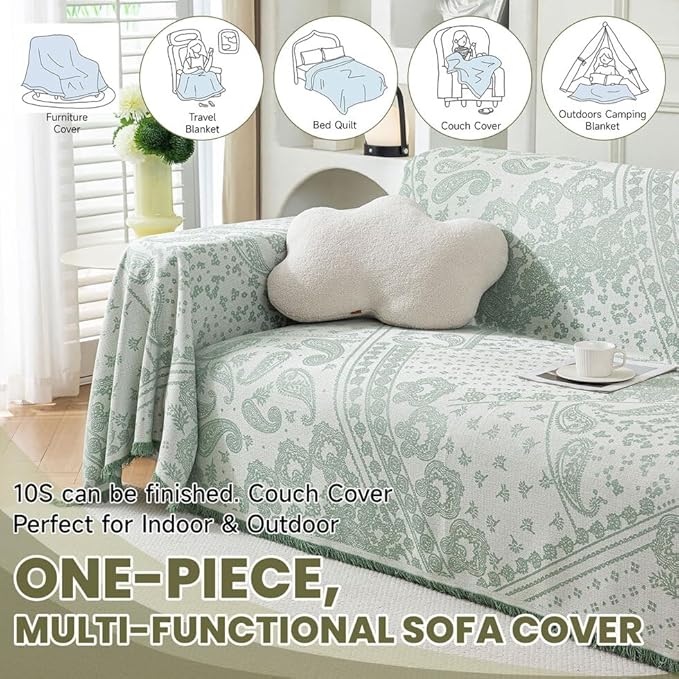 ROOMLIFE Green Sofa Cover, Vintage Boho Couch Cover for 3 Cushion Sofa, Soft Breathable Sofa Cover for Dog, Washable Furniture Sofa Protector Cover Blanket with Tassel for Living Room, 71 '' X 134''