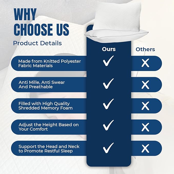 Bed Pillows for Sleeping 30x20 Inches – Set of 2 Queen Size Shredded Memory Foam Pillows with Pillowcases, Cooling Hotel Pillow - Hypoallergenic Adjustable Pillow for Side, Back & Stomach Sleepers