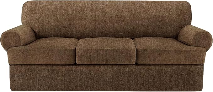 4 Piece T Cushion Sofa Slipcovers Stretch Couch Cover Furniture Covers with 3 Individual T Cushion Covers, Machine Washable for Living Room (Chocolate, 3 Cushions)