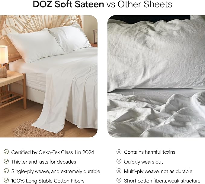 DOZ 100% Long Staple Cotton Duvet Cover Set, Soft Sateen Weave, Smooth, Breathable, Hotel Comfort, 90"x90", 8 Loops, 3pc – 2 Pillowcases 1 Duvet Cover (Ivory, Full/Queen)
