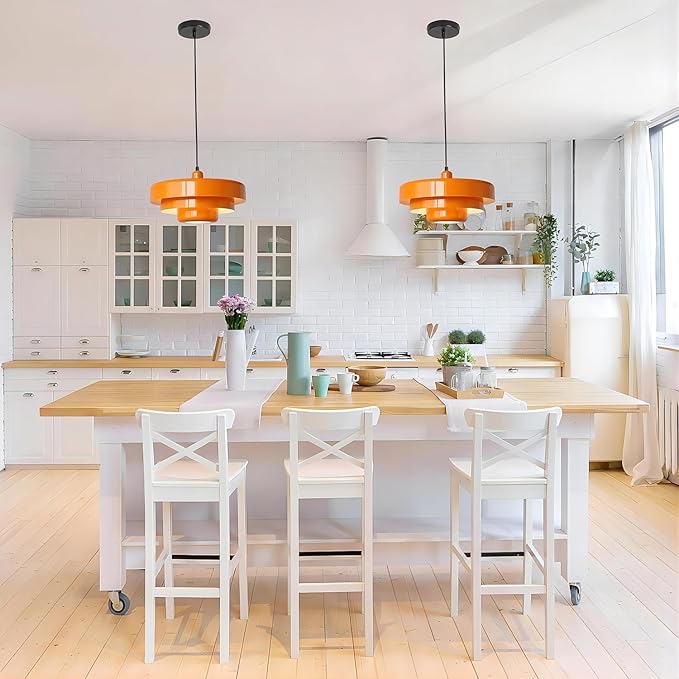 Mid Century Pendant Light Fixtures 13.78 inch, 1 - Light Ceiling Pendant Lamp with 3-Layer Metal Shade, Height Adjustable, Vintage Orange Hanging Lamp for Kitchen Island Lighting,Dining Room