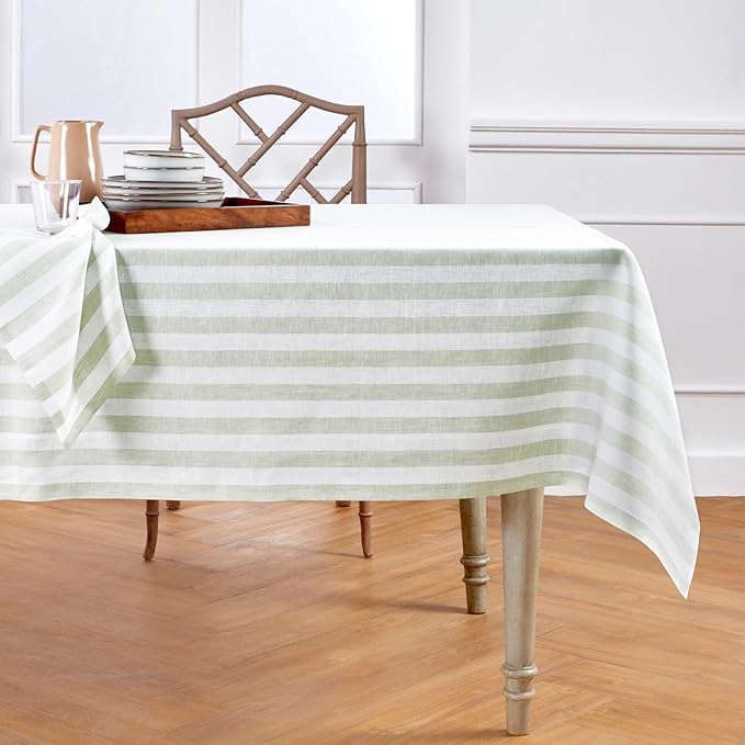 Solino Home Linen Striped Tablecloth 60 x 108 Inch - 100% Pure Linen Sage and White Table Cloth for Rectangle Tables - Sorrento Stripe, Machine Washable Tablecloth for Fall, Thanksgiving, Christmas