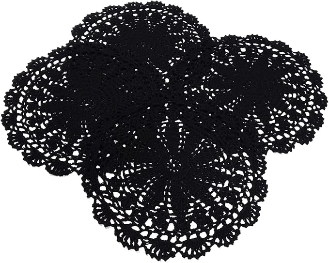 PHANTOMON Crochet Doilies Handmade Round Cotton Lace Table Placemats Knitted Tablecloth, Star Pattern Rippled Edge, Pack of 4 (10 Inch, Black)