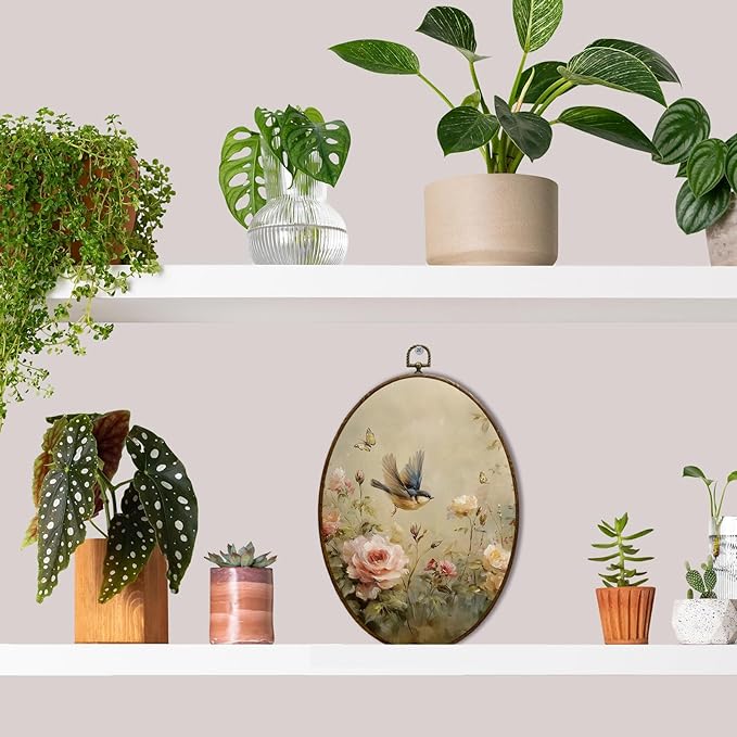 JQF Vintage Floral Bird Oval Wall Art, Rustic Cottagecore Rose Floral Sparrow Oval Canvas Wall Art, Retro Flower Bird Framed Prints Hanging Decor for Home Bedroom Living Room, 8.5x11.5 Inch