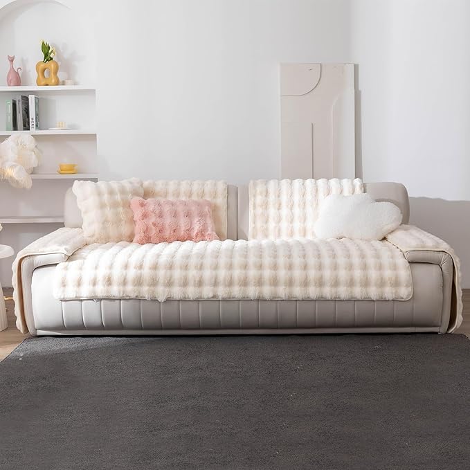 Faux Fur Couch Cover, Soft Warm Plush Sofa Couch Cover, Non Slip Sectional Sofa Slipcovers for L Shaped, Washable Furniture Protector for Kids, Dogs(Beige White, 36"x 63")