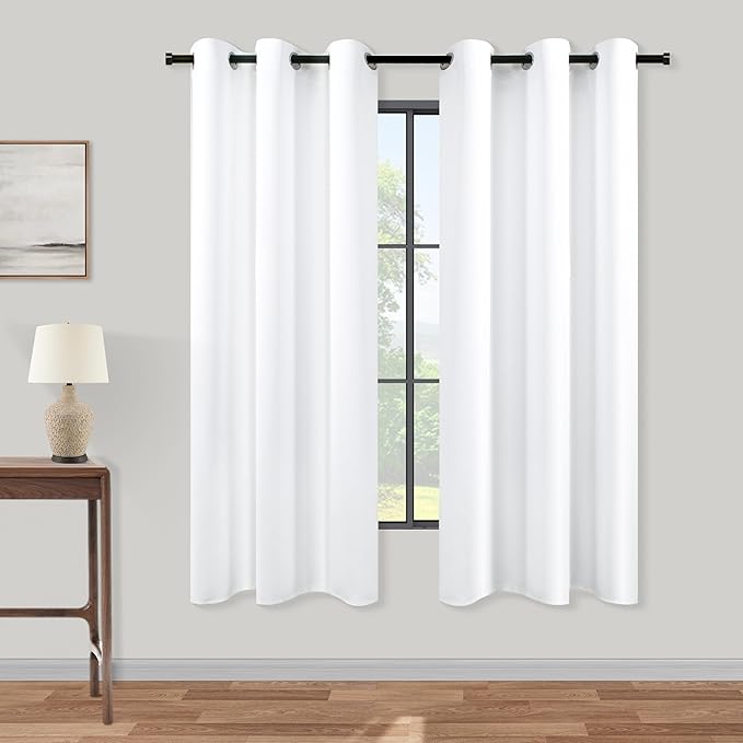 KOUFALL White Curtains 63 Inch Length 2 Panels Set Grommet Lightweight 60-70% Blackout Energy Saving Opaque Semi Black Out Simple Curtains for Bedroom Living Room
