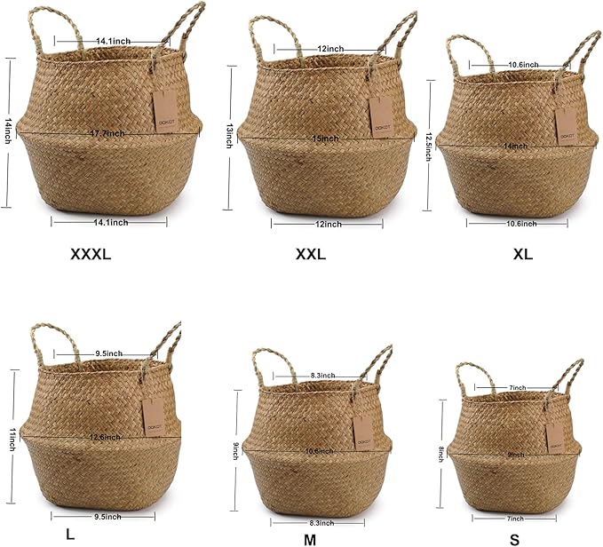 Extra Large Seagrass Plant Basket with Handles, Wicker Woven Storage Basket (14.1“ Diameter x 13.8" Height), Natural)