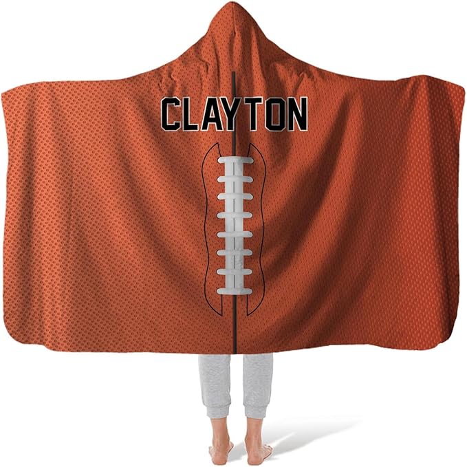 Personalized Football Hooded Blanket Custom Hooded Fleece Blanket with Name Football Wearable Throw Blanket University Team Blanket Gift for Sports Fans Kids Women Adult Graduation