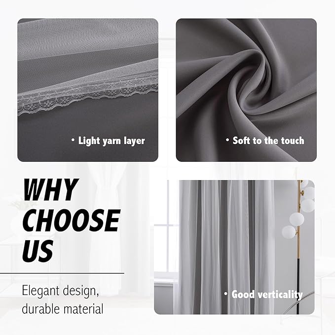 Anytime Home Curtains Blackout and Sheer Layered Solid Window Curtain Panel Pair with Grommet Top, 52Wx108L,Grey