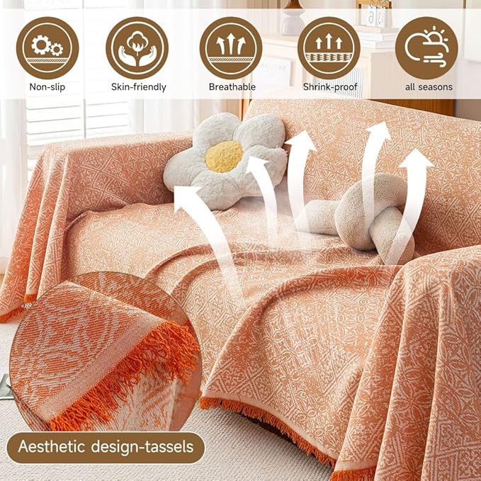 ROOMLIFE Orange Couch Cover Boho Sofa Covers for 3 Cushion Couch Washable, Furniture Protector Sofa Couch Cover for Dogs, Soft Breathable Sofa Slipcover, Couch Throw Blankets with Tassels 71''X150''