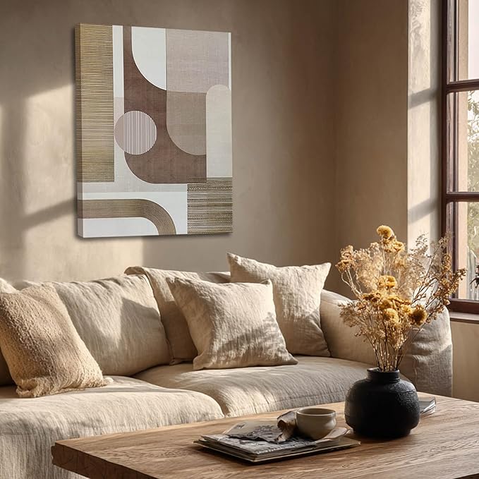 ZENPEE Neutral Beige/Taupe Geometric Wall Art, Minimalist Abstract Canvas Print, Framed & Ready to Hang, Modern Decor for Living Room and Bedroom, 32 x 24 Inches