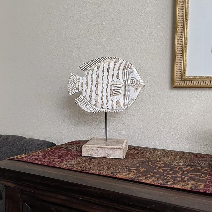 Wooden Fish Sculpture Home Decor | Handmade Angel Fish Statue on Stand | Sea Nautical Beach House Decor Art Piece | Whitewashed Rustic Centerpiece Table Decor for Office, Living Room (Angelfish)