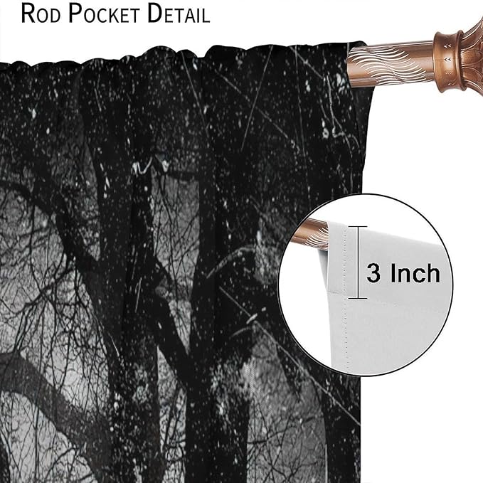 Gothic Forest Blackout Curtains, Foggy Forest Dead Trees Crow Halloween Style Black White Scary Print Window Treatments, for Bedroom Living Room 26(W)*84(L) 2 Panels