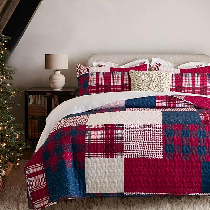 DURLENGEN White Quilt Set 3Pcs, Rustic Stonehurst Collection with Red & Navy & White Patchwork Pattern, All Season Lightweight Coverlet Sets(California King 112x104, Red Patchwork)