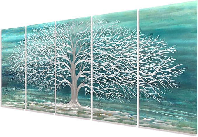 RICHSPACE ARTS Blue Green Metal Wall Art Silver Tree of Life 3d Artwork Extra Large Teal Sculpture Decor on Aluminum for Bedroom Living Room Kitchen Room Dining Room Walls Set of 5 Panels
